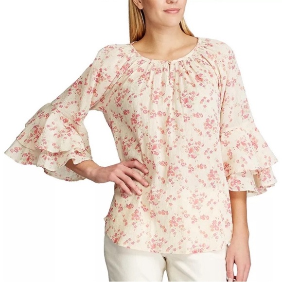 Chaps Print Ruffle bell Sleeve Peasant Top sz s - Picture 1 of 8